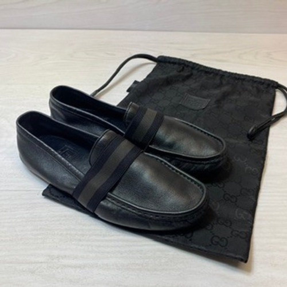 Gucci Womens 5 35 Loafers Web Flats Black Leather Slip On Driving Shoes 310911